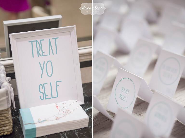 Funny ideas for handmade wedding signs with Treat Yo Self for the guest gift area.