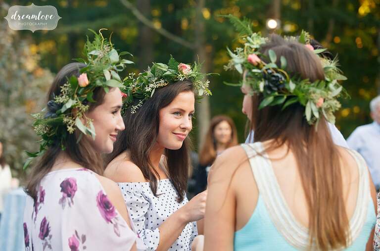 Bohemian bridesmaids in flower crowns in Topsfield, MA.