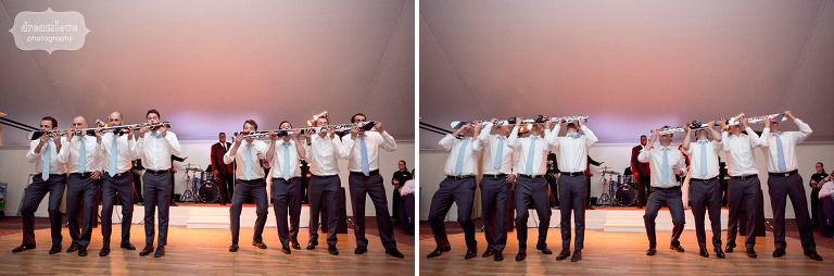 Groomsmen taking a ski shot whiskey drink during the toasts at the Hildene in VT.