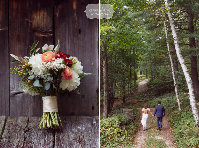 Bride and groom walk through the woods at the Curtis Hollow Farm before their wedding.