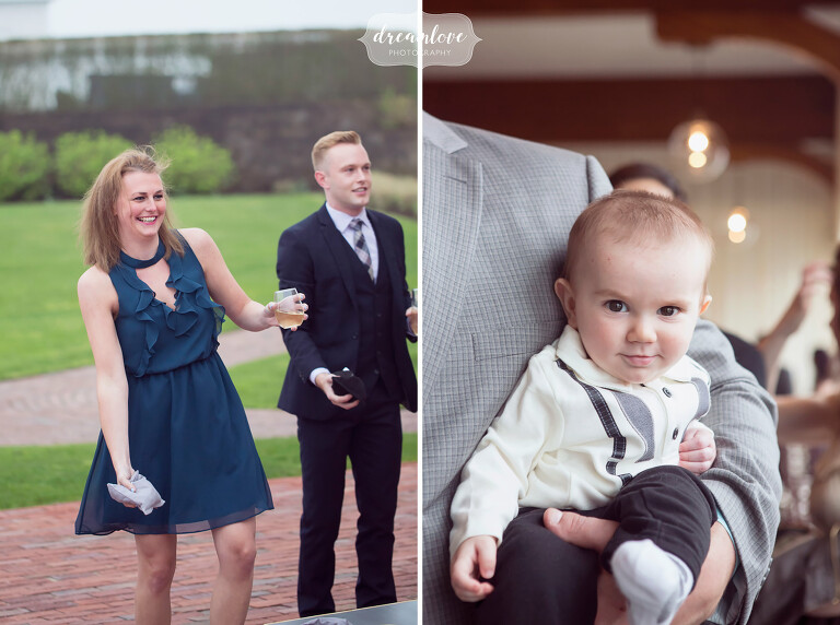 Documentary photos of the guests playing bags and a cute baby at this Cape Cod wedding.