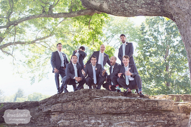 Funny groomsmen photo at the estate wedding venue at the Hildene in VT.
