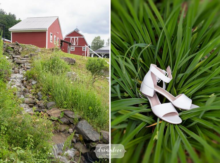 Red barns at this rustic western Mass wedding venue of Warfield House Inn.