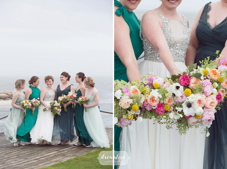 The bridesmaids pose on the beach with colorful spring wedding bouquets before this Cape Cod wedding at the Wychmere.