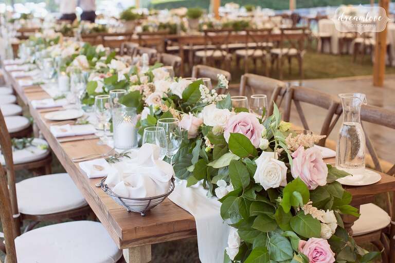 Greenery table garland with pink peonies at One Barn Farm.