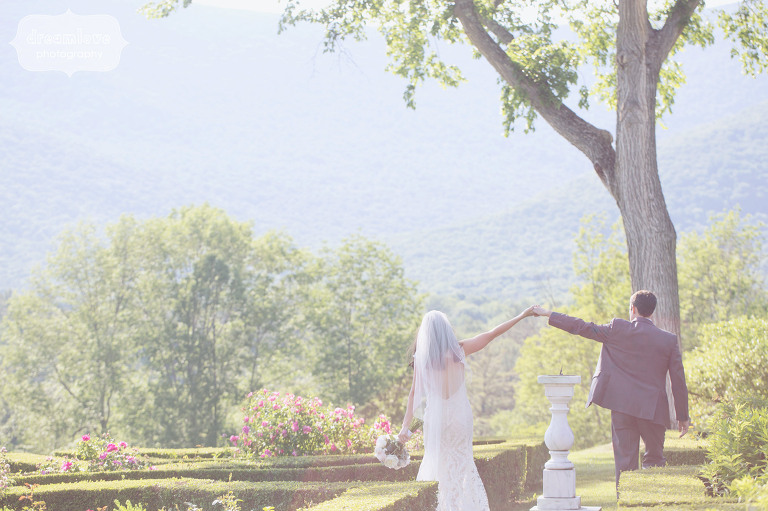 Ethereal wedding photo of bride and groom in the garden at the Hildene Estate in Manchester, VT.