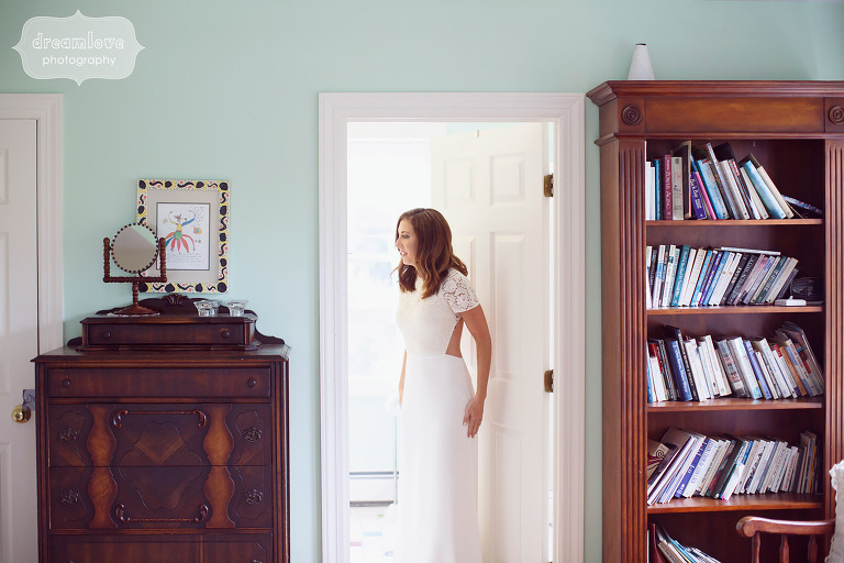 Bride getting ready in antique room at Curtis Hollow Farm in VT.