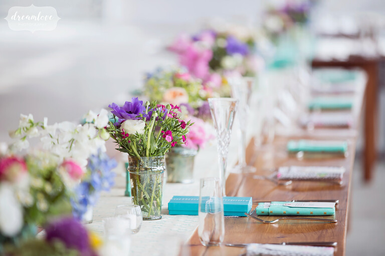 Teal and purple beach wedding ideas with handmade napkins at the Wychmere on Cape Cod.