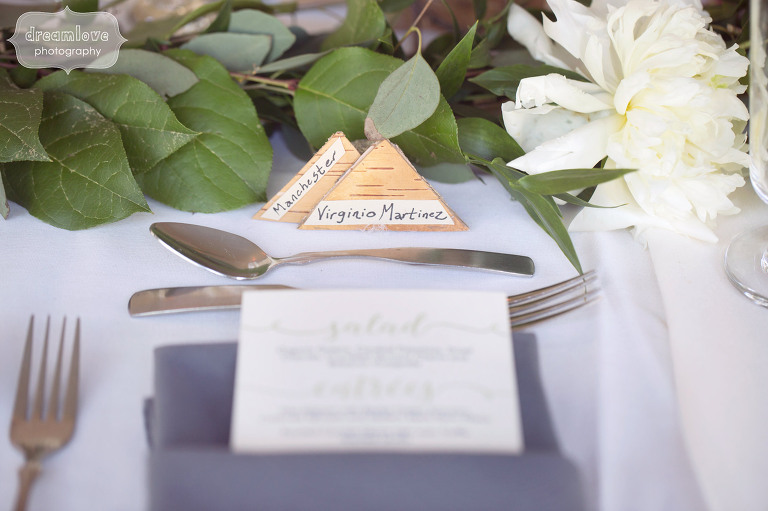 Birch place cards at wedding reception at the Hildene in VT.