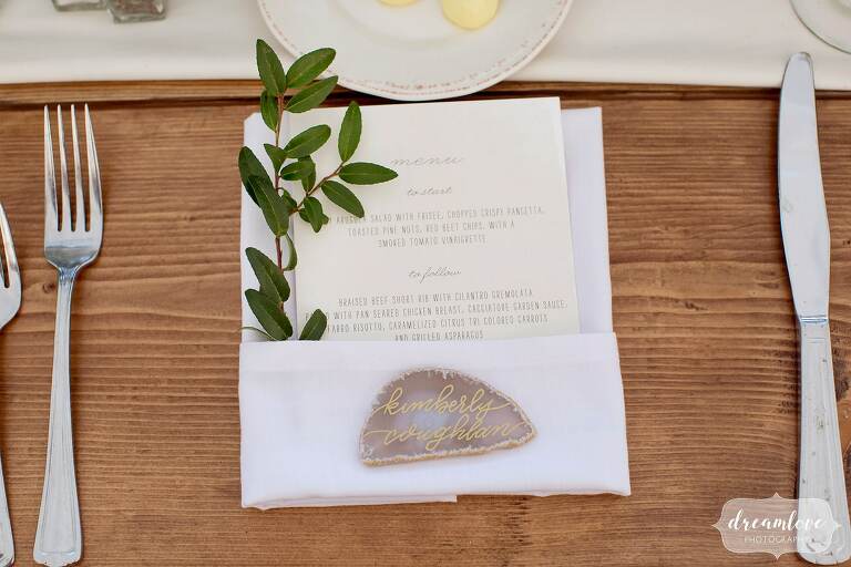 Simple country wedding decor with escort card geode at One Barn Farm in PA.