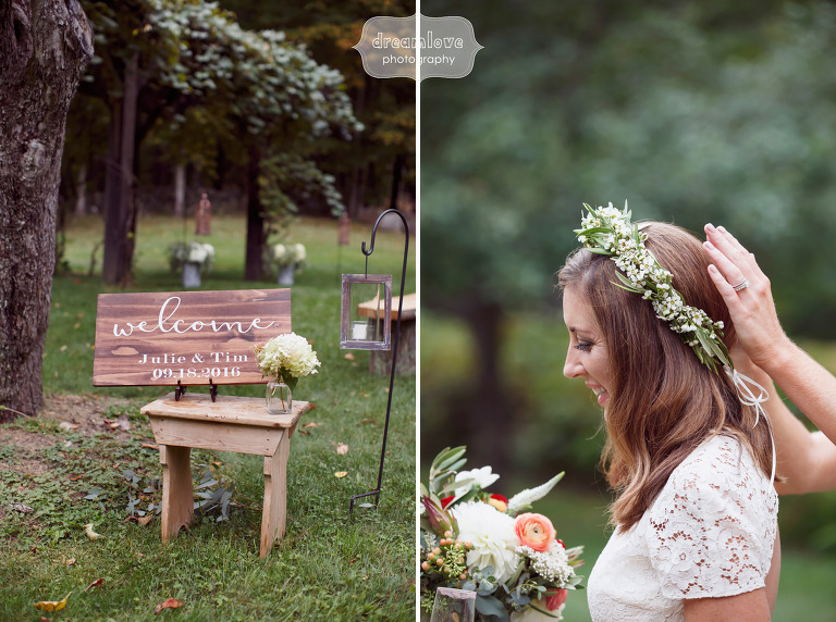 Romantic flower crown on the bride at this Quechee, VT fall wedding.