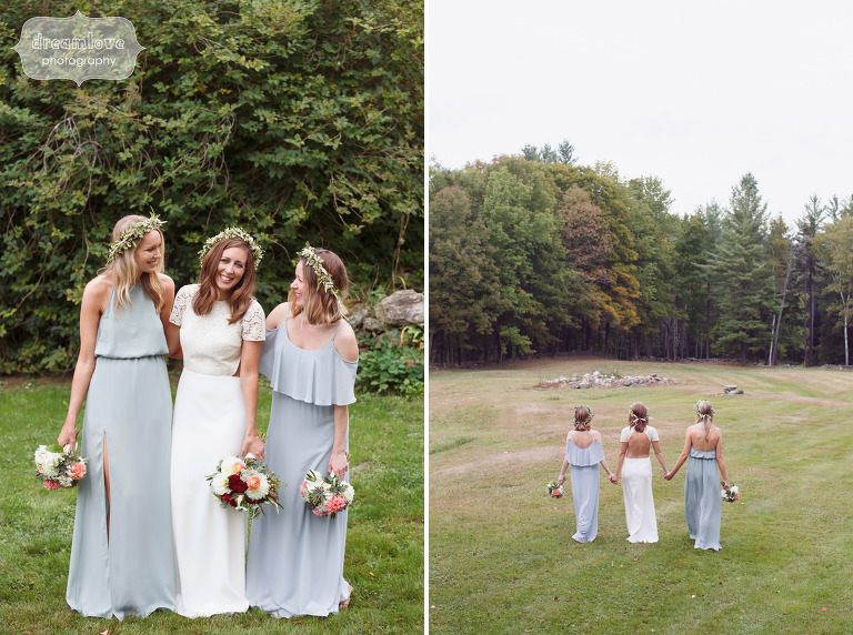 Ethereal wedding photo of the bride and bridesmaids with flower crowns at Quechee, VT wedding.