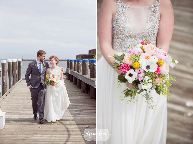This simple wedding dress with sparkles on top paired with a colorful spring bouquet was perfect for this Anthropologie coastal MA wedding.