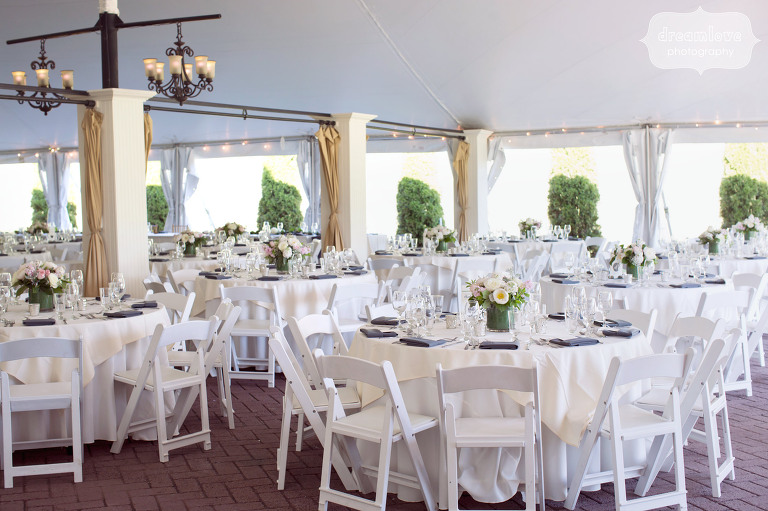 Reception dinner tent set up at the Hildene in Manchester, VT for an outdoor estate wedding.