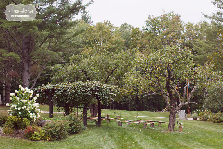 View of the outdoor ceremony space at this intimate farm wedding venue in Southern VT at the Curtis Hollow Farm.