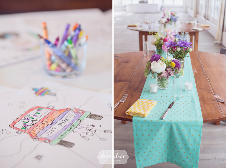 DIY ideas with wedding coloring book and a handmade table runner on Cape Cod.