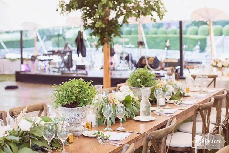 Sailcloth tent with potted plants at One Barn Farm reception.