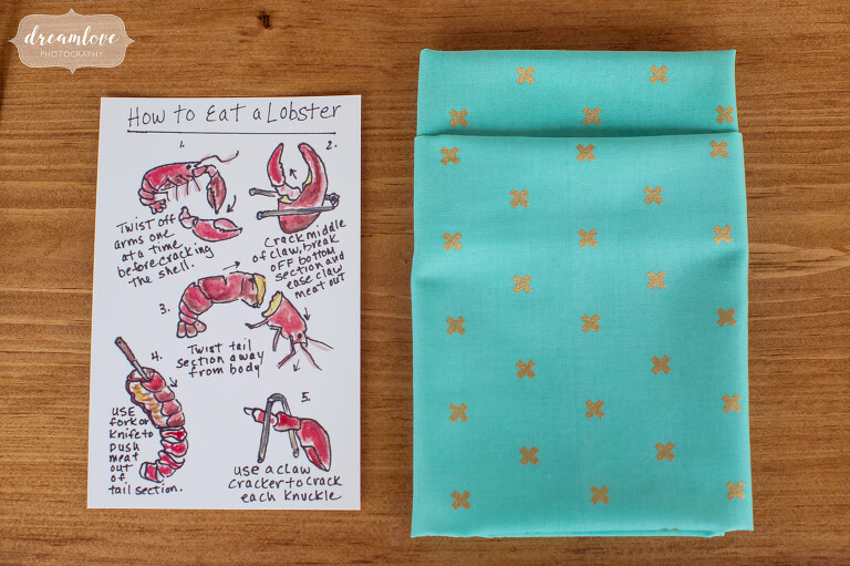 Handmade card for guests on how to eat a lobster at this Cape Cod wedding.
