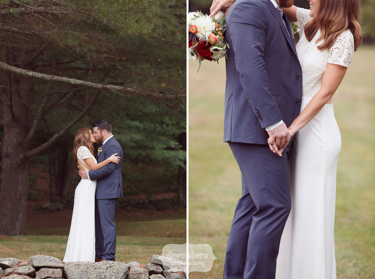 Romantic wedding photo of the bride and groom at the Curtis Hollow Farm in Quechee, VT.