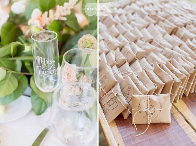 Coffee beans in kraft paper as wedding guest favors for this central PA wedding.