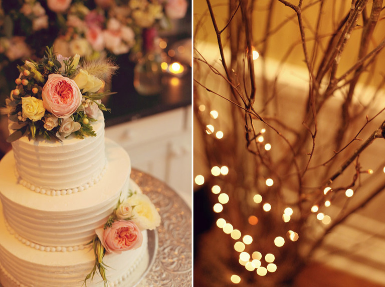 Detail photo of a cake and twinkle lights at a Woodstock Inn winter wedding. 
