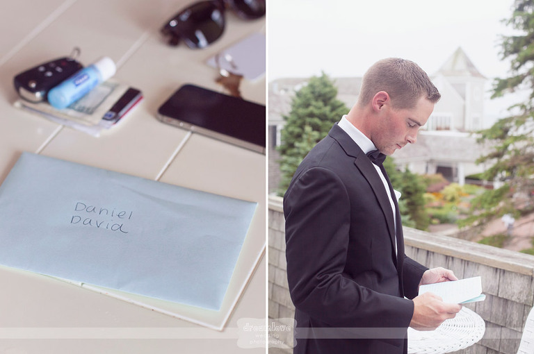 Groom reads a letter from his bride prior to getting married at the Wychmere Beach Club. 