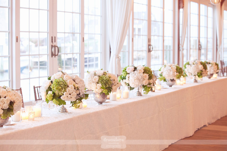 Views of the table for the bridal party at a Wychmere Beach Club wedding. 