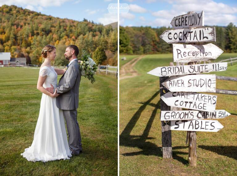 Bride and groom embrace next to homemade Vermont sign at Riverside Farm wedding venue.