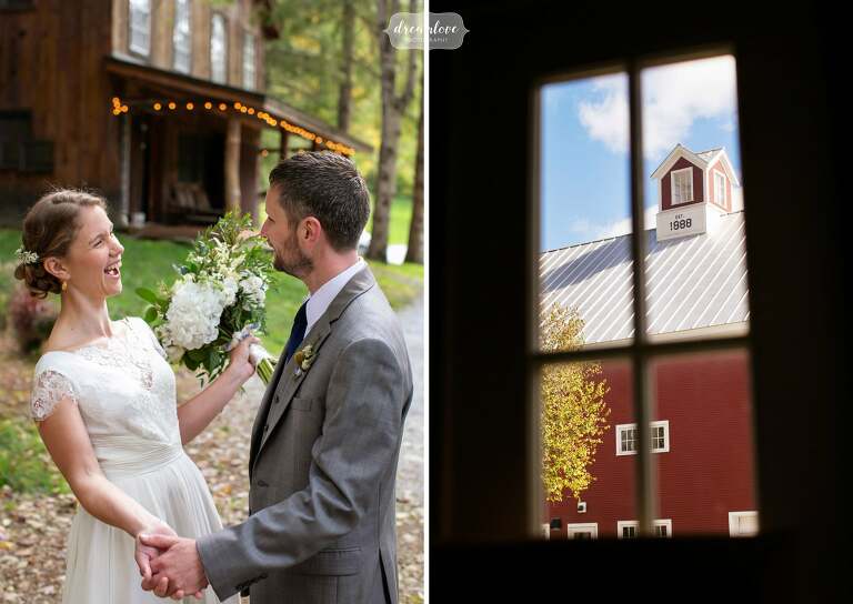 Bride and groom smile at each other at Riverside Farm in Pittsfield, VT.