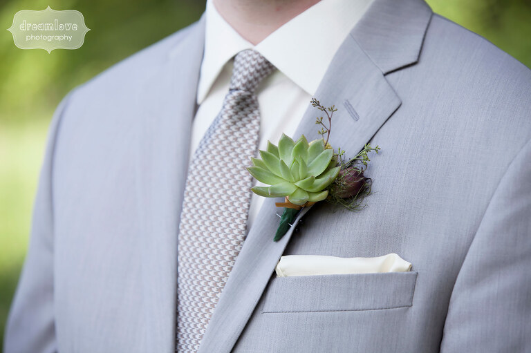 Simple succulent boutonniere for a rustic Sugarbush, VT wedding.