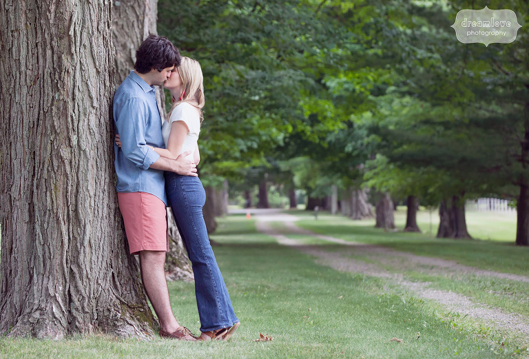 1970's style engagement photo shoot with high waist jeans in Hyde Park, NY.
