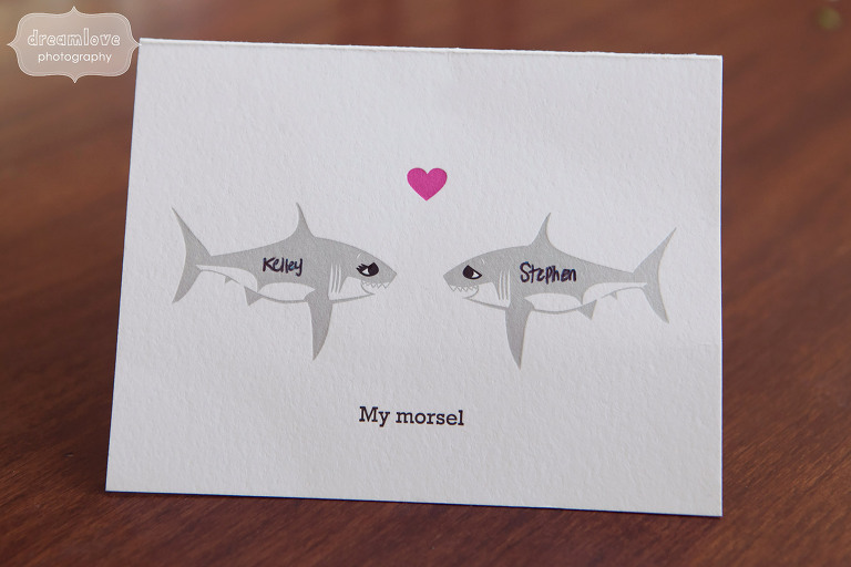 Funny ocean themed shark wedding card with heart morsel.