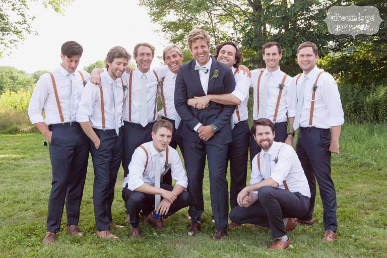 Funny photo of the groom with his 9 groomsmen at the 1824 House in VT.