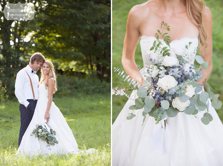 Candid style photos of the bride and groom in the green field at the 1824 House venue in VT.