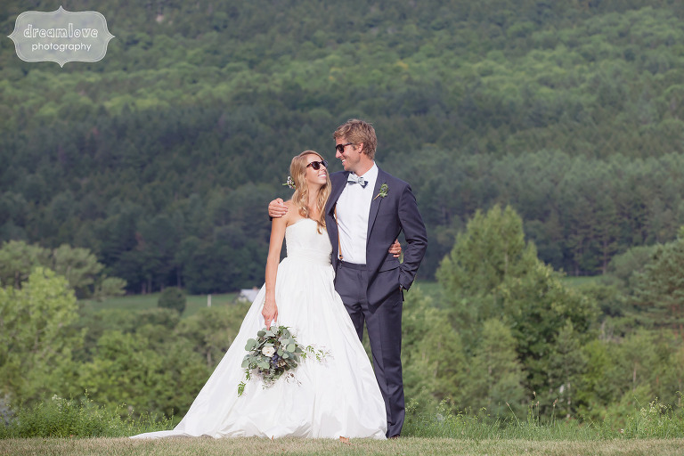 Funny photo of the bride and groom wearing sunglasses at the 1824 House in VT.