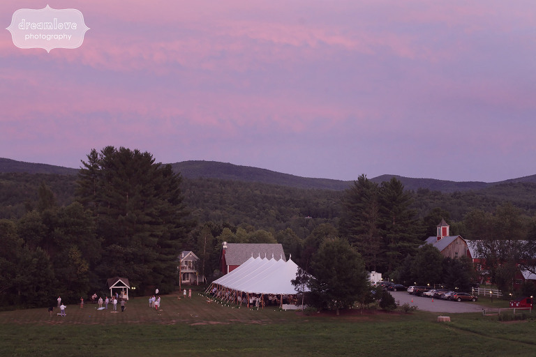 Sunset over the sailcloth reception tent at the 1824 House in VT.