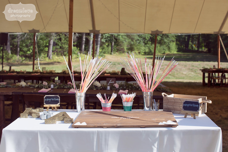 These glow bracelets and necklaces were a complete hit at this tented wedding reception at the Woodbound Inn.