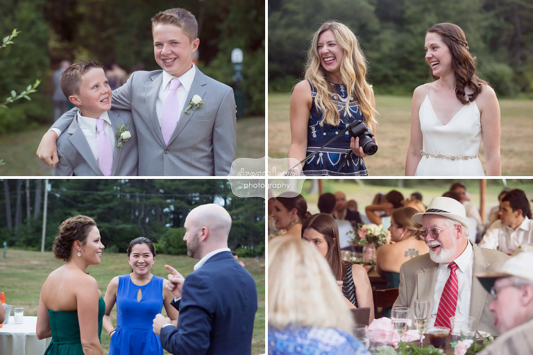 Candid photos of wedding guests during cocktail hour at the Woodbound Inn in NH.
