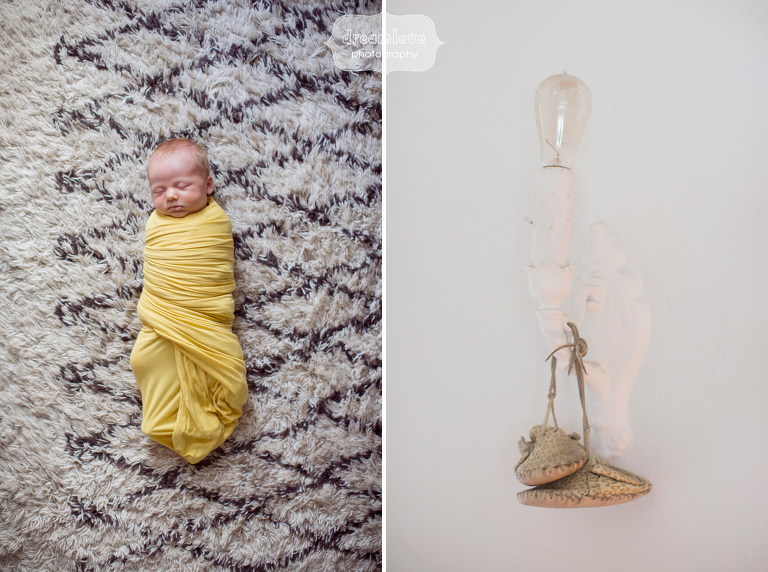 Natural modern baby photography with baby in a yellow swaddle on a West Elm rug in Venice, CA.