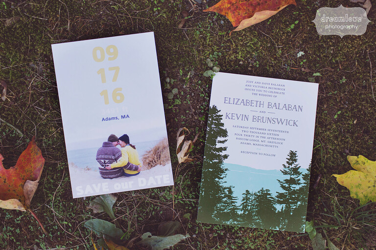 Rustic wedding invitations for mountain wedding in Berkshires.