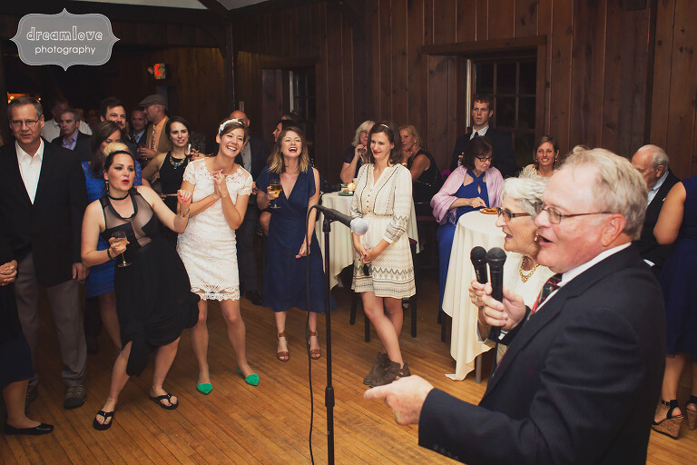 Grandparents do karaoke at this wedding reception at the Bascom Lodge on Mt. Greylock, MA.