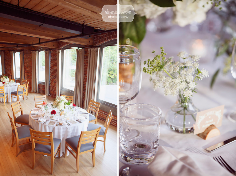 Rustic and elegant wedding reception set up at Simon Pearce Glass Factory in Quechee, VT.