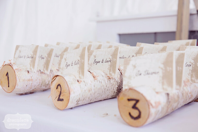 Birch logs are numbered with guests escort cards at the Warfield House Inn.