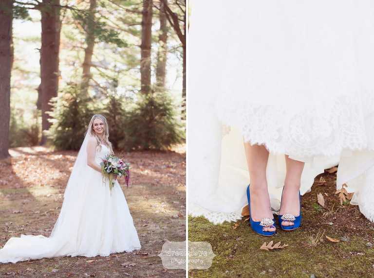 Woodsy portraits of the bride at the Pavilion on Crystal Lake in CT wearing Augusta Jones dress.