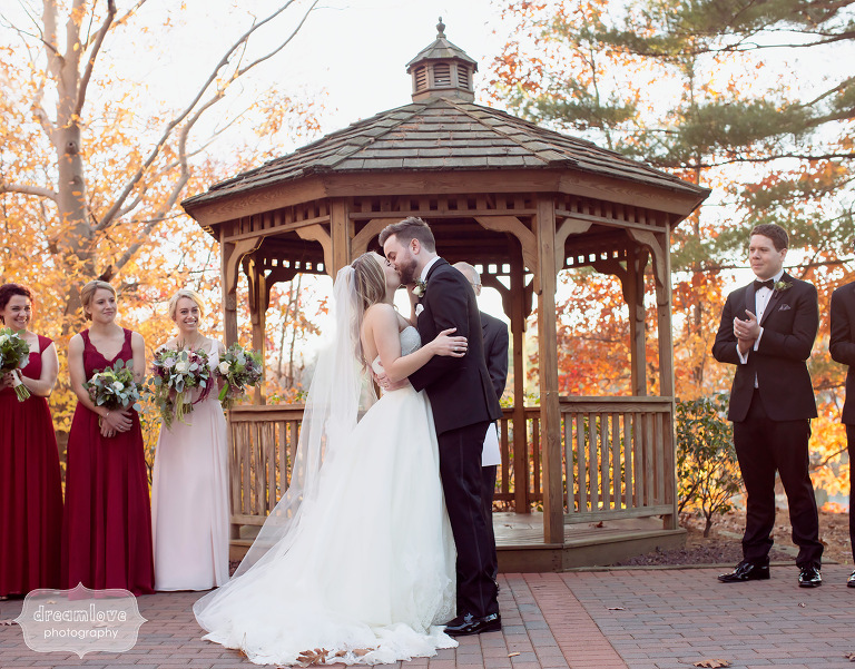 Wedding ceremony in front of gazebo in November in CT.