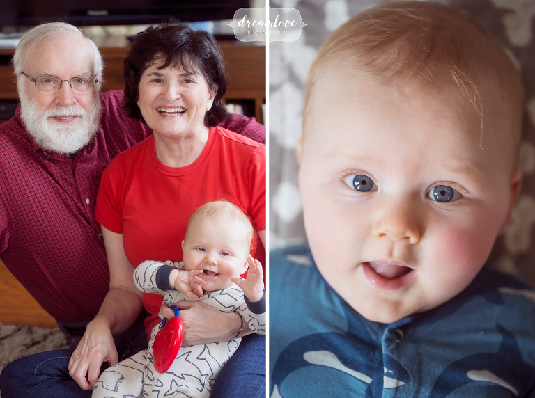 Sweet family photos at home with six month old baby and grandparents in Venice, CA.