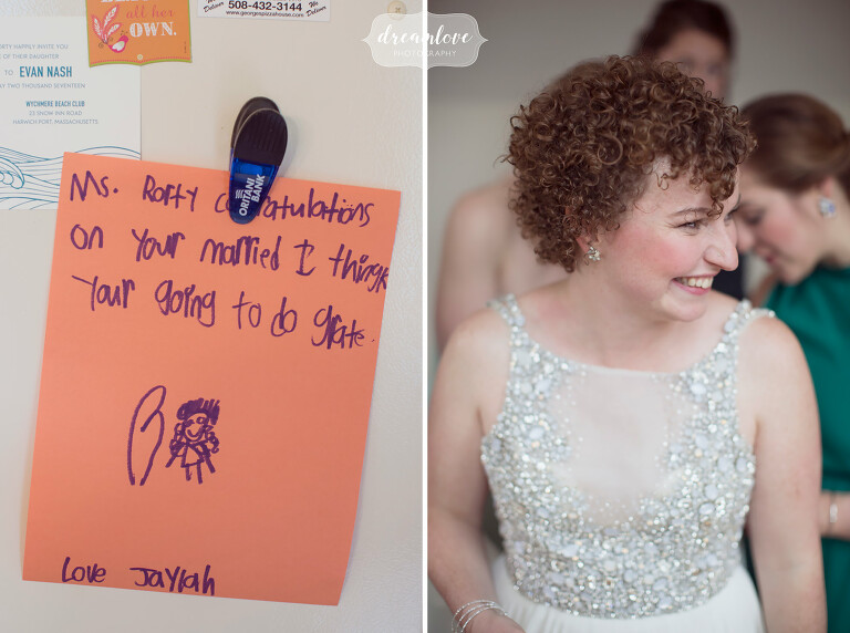Love this sweet note that one of the bride's students made her for the wedding day. Emily is an art teacher and handmade many of the colorful details of her Anthropologie style wedding.