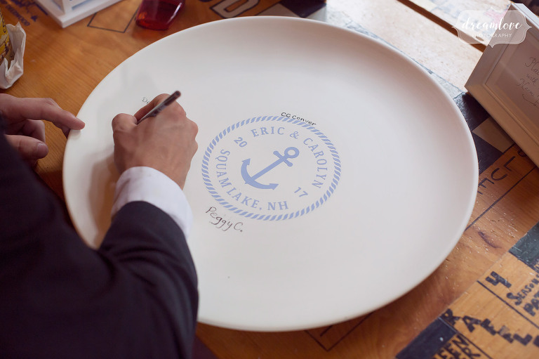 Great idea for a unique wedding guest book; use a plate with bride and groom's logo and have guests sign names around it!