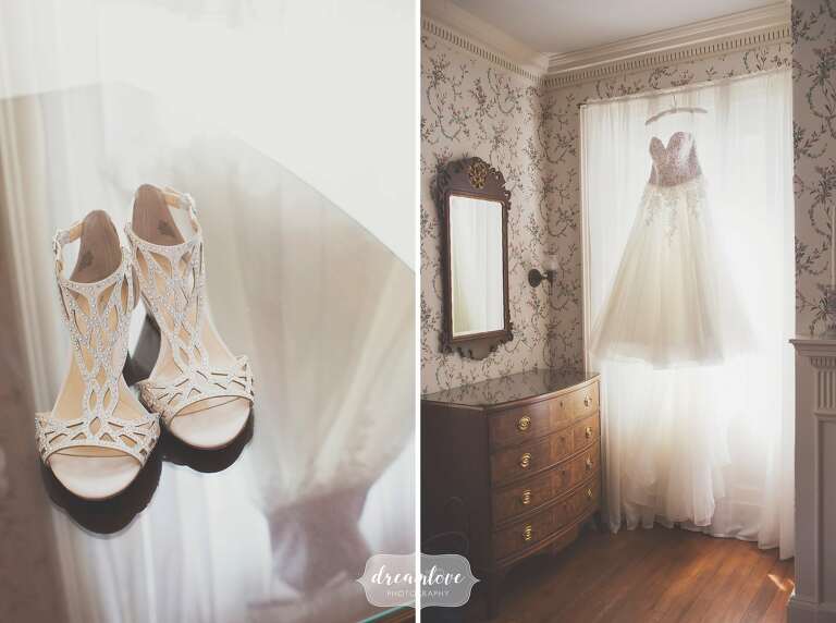 Artistic photo of the bride's dress hanging at the Lyman Estate venue near Boston, MA.