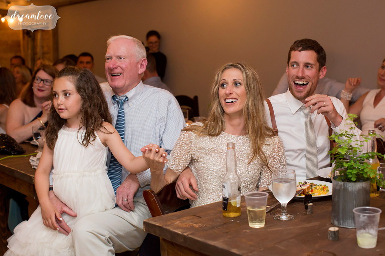 Funny reactions to the bridesmaids toast at this Stowe barn wedding reception.